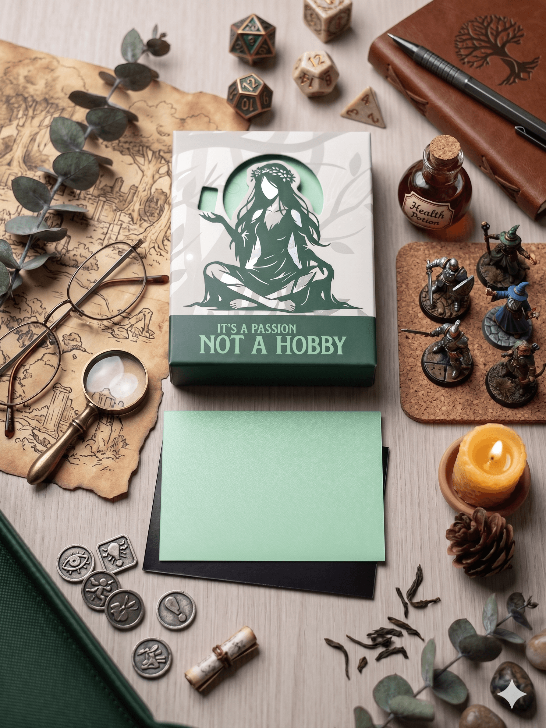 Mon's matte card sleeves styled with dice, miniatures, and eucalyptus